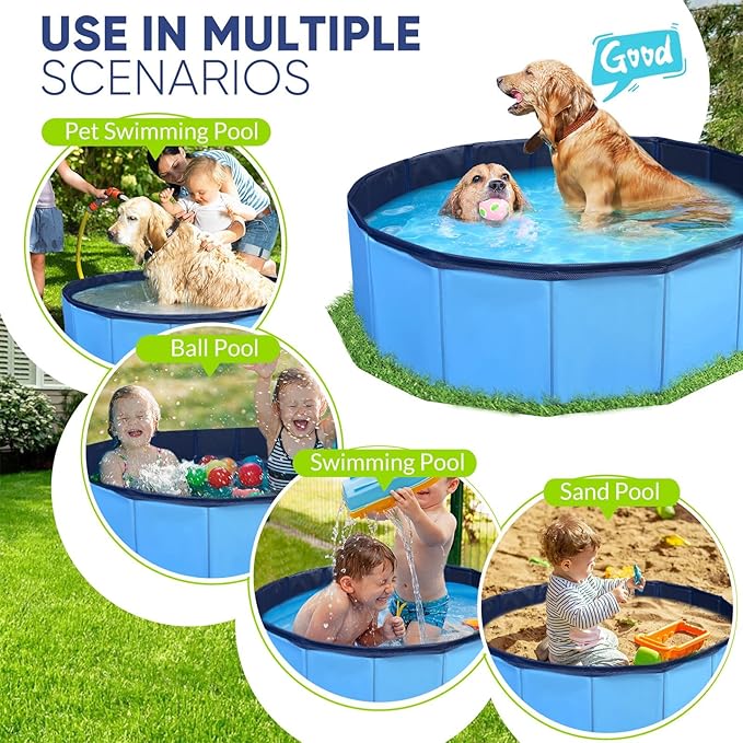 Dog Pool, Foldable Pet Swimming Pool with 6mm High-Strength PP Board, Hard Plastic Collapsible Doggy Pools for Small Dogs Kitty Duck, Non-Slip Doggie Bathtub Quick to Set Up and Drainage Hole, 63.2"