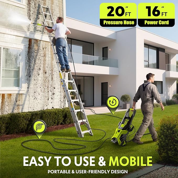 Power washers for Home, Home Cleaning, 4 Quick-Connect Nozzles & Adjustable Soap Tank Washers for Cars, Driveways, Patios, Fences