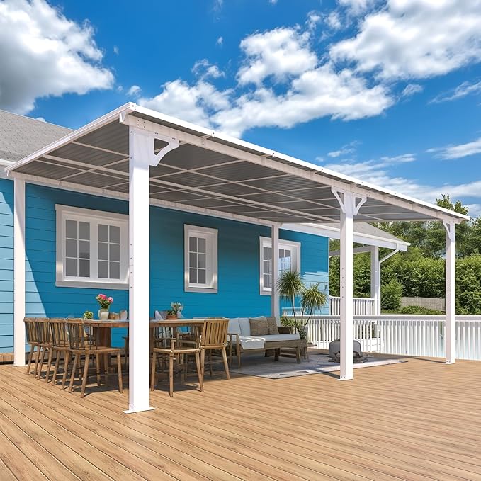 AECOJOY 16' x 12' Gazebo Outdoor Pergola for Patio, White Large Wall-Mounted Hard Top 12x16 Lean to Metal Gazebo Shelter Pergolas and Gazebos Clearance with Patio Roof, Heavy Duty Awnings for Patio