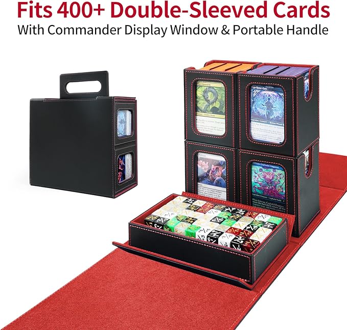 AFIING Commander Deck Box for MTG, Holds 400+ Double-Sleeved Cards, 4 Removable Deck Cases with Display Window, Dice Tray/Handle,Trading Card Storage Organizer/Dividers for TCG (Black Red)