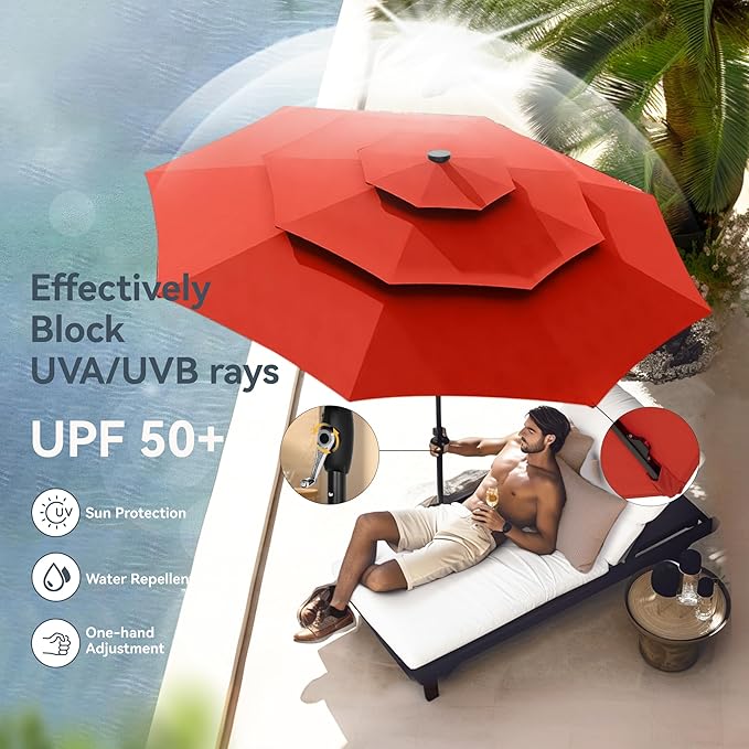 PHI VILLA 10ft Patio Umbrella with Light, Outdoor Large Auto-Tilt 3 Tier Market Table Umbrellas with 8 Sturdy Ribs and 1.5" Pole for Lawn Poolside Garden Terrace, Orange Red