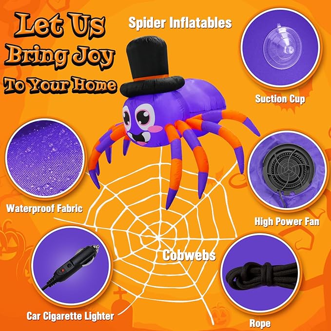 Trunk or Treat Car Decorations Kit, Halloween Decorations Outdoor Outside 5ft Inflatable Spider with Built-in LEDs, Trunk or Treat Decoration, Halloween Blow ups Yard Decoration Spider with Web