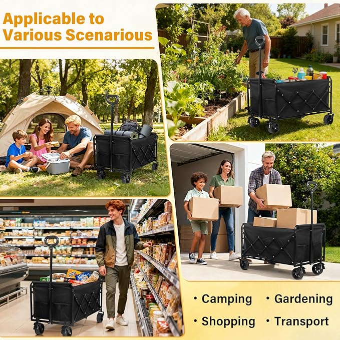 Yobller Wagons Carts Foldable,Large Capacity Foldable Wagon Cart Collapsible Wagon with Wheels & Drink Holders,Utility Folding Cart for Camping Garden Grocery Shopping