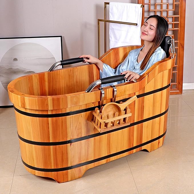 Wooden Hot Tub Bathroom Freestanding Soaking Non-Slip Bathtub Thickened Handrail Style Healthy Medicinal Bathtub For Both Adult And Child Family Members (Armrest with Cover Premium Configuration)