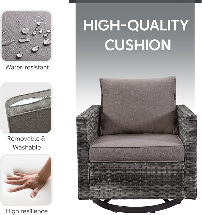 5 Piece Wicker Patio Furniture Set - Outdoor Swivel Rocker Chairs Set with 3 Seat Sofa and Ottomans, Small Patio Conversation Sets Proch Furniture for Balcony Deck - Grey/Grey