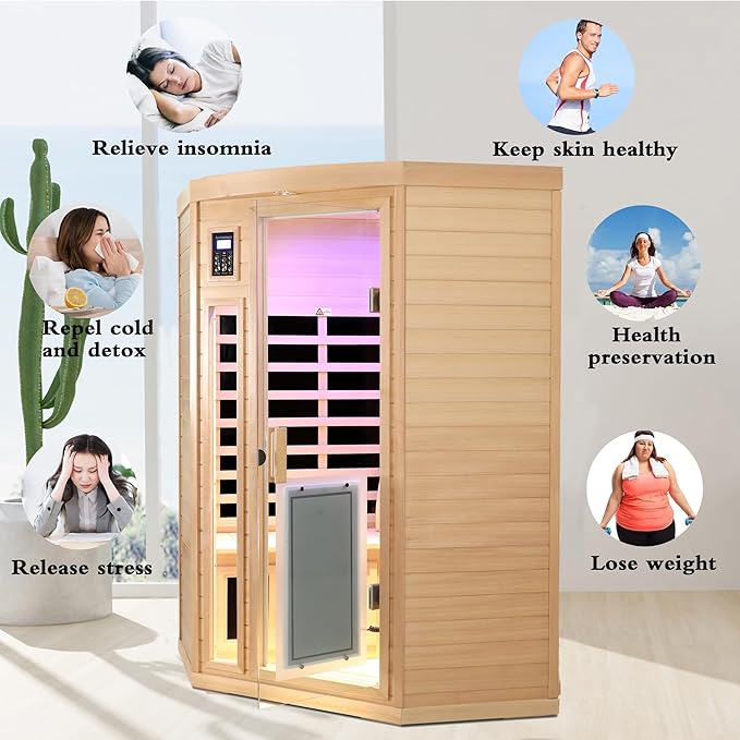 2-3 Person Infrared Sauna, 0-5mg Low EMF Infrared Saunas for Home, Indoor Home Sauna Spa, Hemlock Wooden Corner Sauna Room, Bluetooth Speakers, Chromotherapy Lights