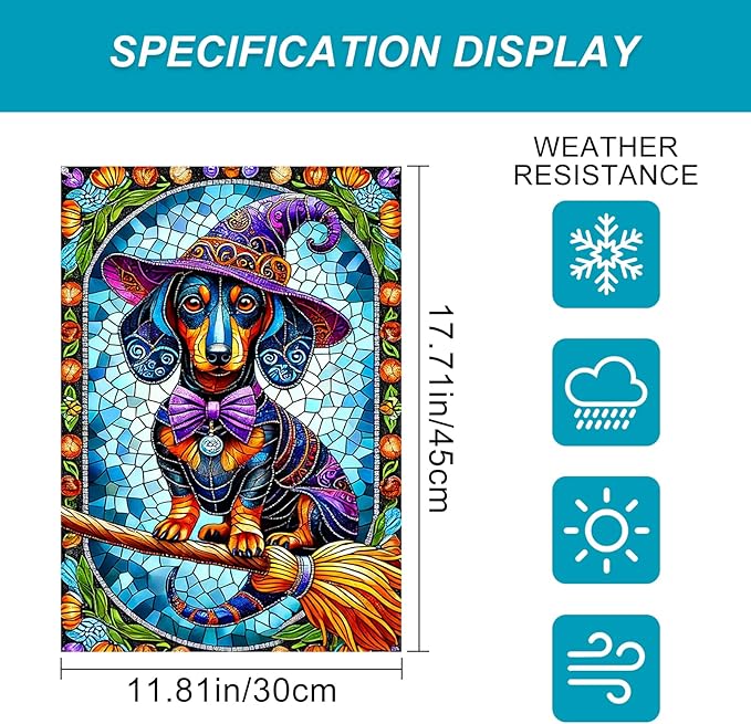 Happy Halloween Garden Flag 12x18 Inch Dachshund Witch Dog Flag Stained Glass Style Yard Banner Double Sided Halloween Outdoor Decorative Flag for Porch Lawn