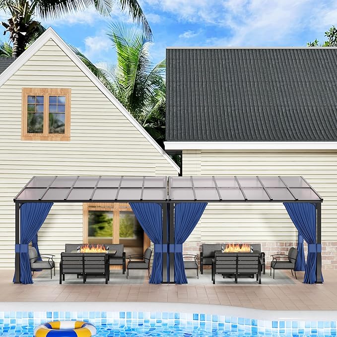 10’ x 24’ Gazebo for Patio,Wall Mounted Gazebo with Sloping Polycarbonate Roof,Aluminum Frame Outdoor pelgole w/Netting & Curtain for Garden,Backyard,Navyblue