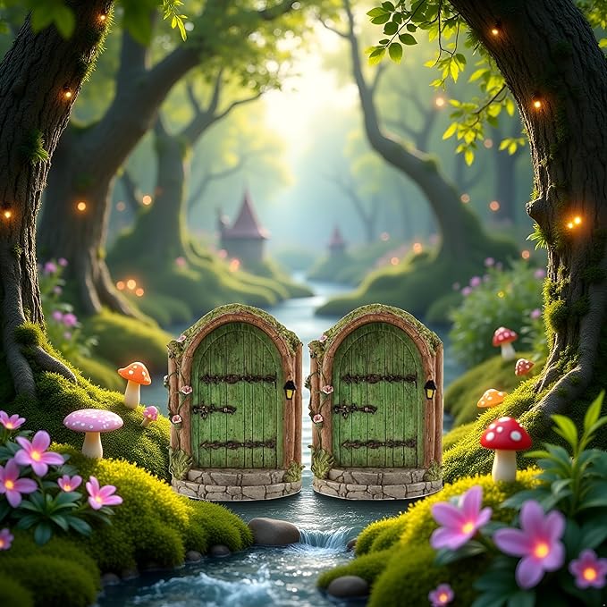 2Pcs Green Fairy Door Wooden Miniature Fairy Gardens Doors Outdoor Mini Fairy Gnome House Accessories for Tree Trunk Ornaments Garden Miniatures, Outdoor Statues,Garden Sculptures and Statues