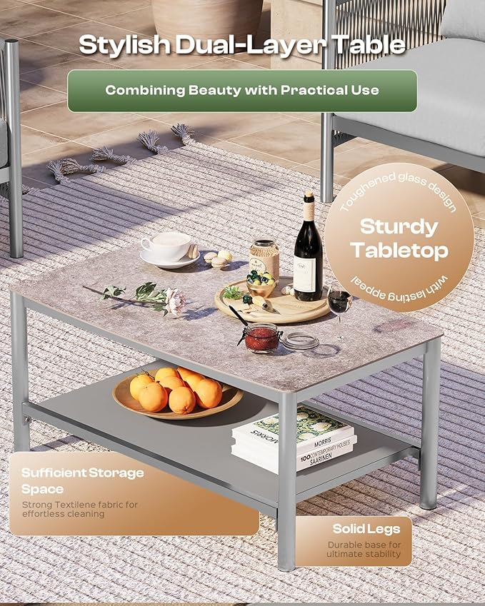Aluminum Outdoor Patio Furniture Set, HDPE Rope 4 Piece Modern Sectional Conversation Sets with Dual-Layer Coffee Table, All Weather Patio Couch Sofa with Thick Cushions, Silver Frame, Silver