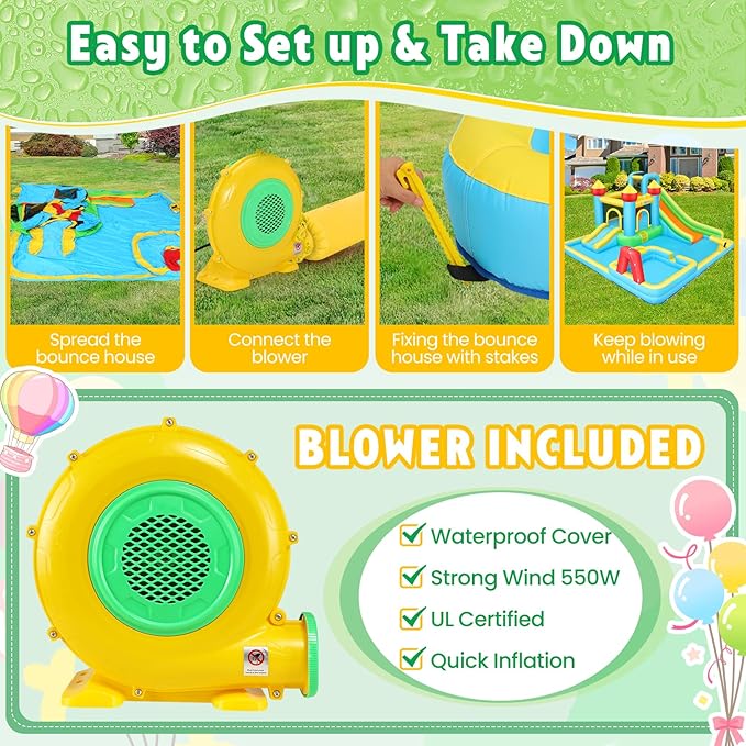 AKEYDIY Inflatable Water Slide Bounce House for Kids 3-12, Mega Water Bounce House Park w/ 2 Slides, Splash Pool & Deep Pool, Basketball Hoop, Water Cannon, 8 in 1 Backyard Water Park with Blower