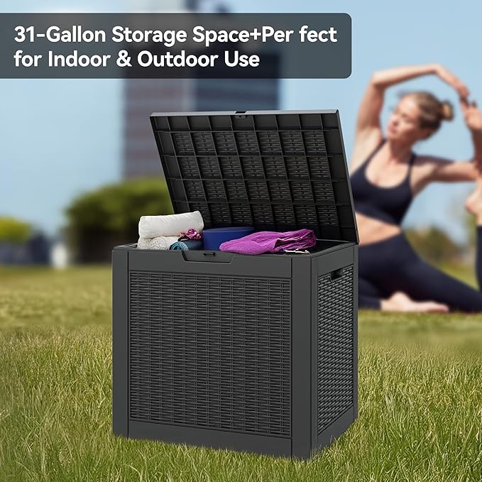 Outdoor Storage Box, Resin Deck Boxes Indoor and outdoor, Waterproof Storage Box Lockable Lid (Black, 35 Gallon)