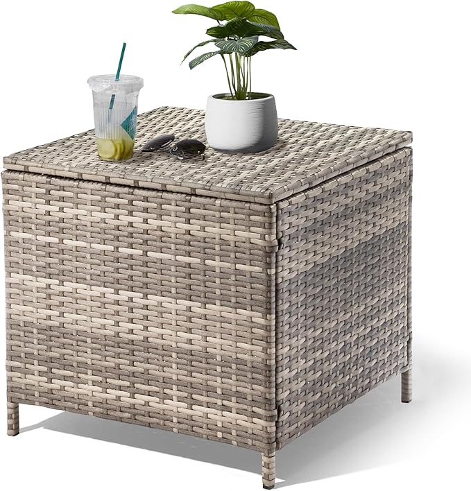 Outvita Outdoor Side Table, Rattan Coffee Table with Storage 27 Gallon Patio Small Deck Storage Box for Cushion Towel Books, Brown Side Table with lid