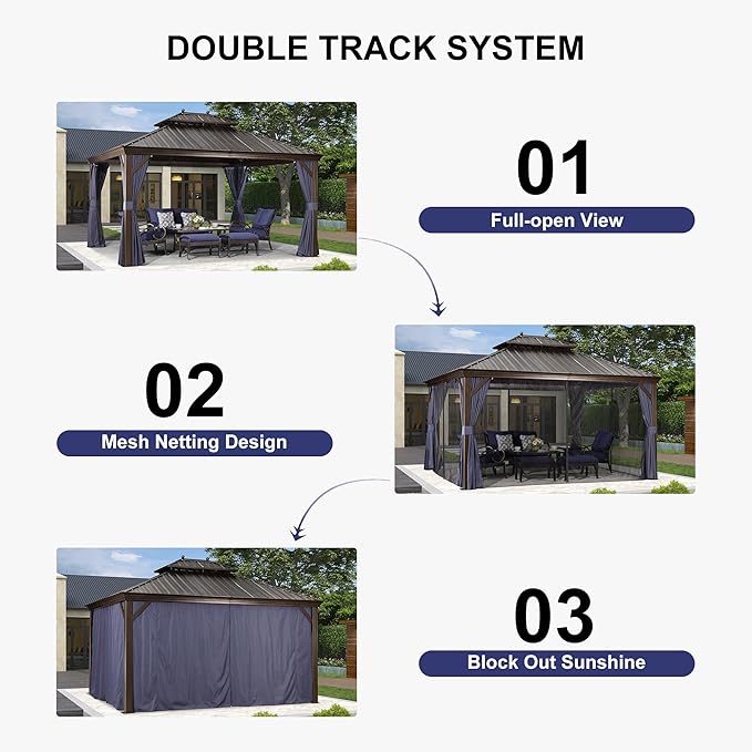 PURPLE LEAF 12' X 14' Hardtop Gazebo Canopy with Curtains and Netting for Patio Deck Backyard Heavy Duty Sunshade UV Protection Metal Outdoor Permanent Pavilion