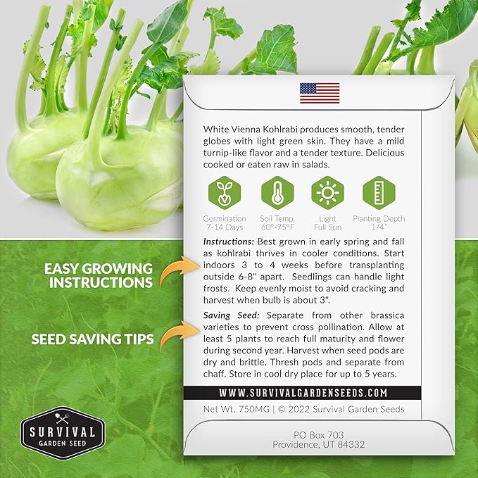 Survival Garden Seeds - White Vienna Kohlrabi Seed for Planting - 3 Packs with Instructions to Plant and Grow Unique Cruciferous Vegetables in Your Home Vegetable Garden - Non-GMO Heirloom Variety