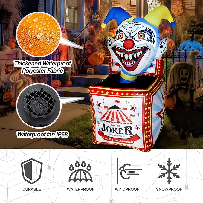 WBHome 5 Ft Halloween Inflatable Circus Clown Box Outdoor Decorations, Blow Up Yard Decor with Built-in LED Light (Plug in) for Lawn Home Party Indoor Outdoor