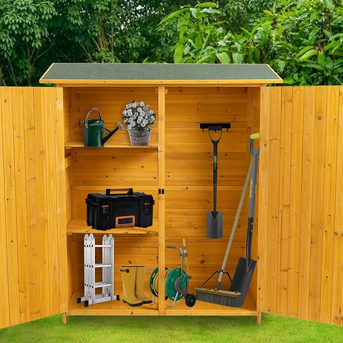 Outdoor Storage Cabinet, Double Lockable Wooden Garden Shed, Outside Vertical Wood Tall Tool Shed for Yard Patio Lawn (Natural)