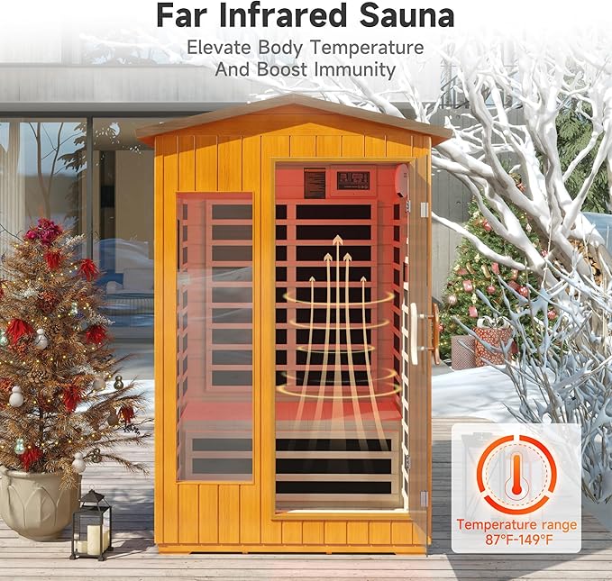 springspa Outdoor Infrared Sauna 2 Person for Home, 15amp Low EMF Far Infrared Spruce Wooden Sauna at Home with Bluetooth,LCD Panel