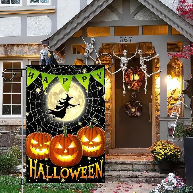 Garden Flags 12x18 Inch Halloween Garden Flag Outdoor Fall Decorations Vertical Double-Sided Witch Pumpkin Moon Banner Yard Sign for Porch Lawn Home Party Garden Decor