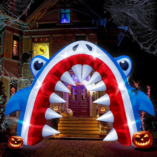 Eyourlife 12×8 FT Shark Halloween Inflatable Arch, Giant Outdoor Blow Up Yard Decoration with Built-in 6 LED Lights for Pool Stage Event Birthday Party Ocean Theme Luau Beach Party Take Photos