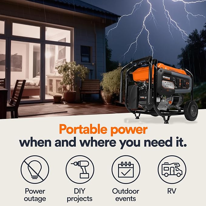 Generac 8,125 Starting Watt Portable Gas Generator - Electric Start - Includes Extension Cord - Home or RV Ready - Quiet, Long Runtime, Emergency Power - 49-State Compliant