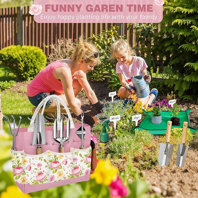 22PCS Ergonomic Garden Tools Set for Women,Heavy Duty Hand Tool Kit Included Handy Tote Bag/Trowel/Pruning Shears/Rake/Pruner/Gloves/Plant Tags,Garden Supplies Gardening Gifts for Gardeners Beginners