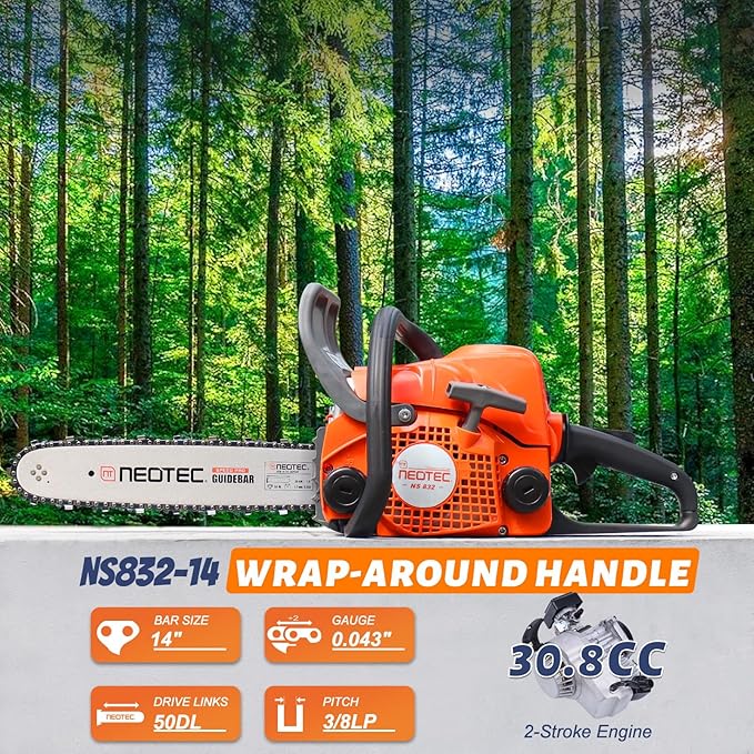 NEOTEC 31.8cc Gas Chainsaw,14 Inch Gasoline Powered Chain Saw 2-Stroke Gas Chainsaws,Durable Portable Chain Saw for Wood Cutting,Tree Pruning and Firewood Preparation NS832