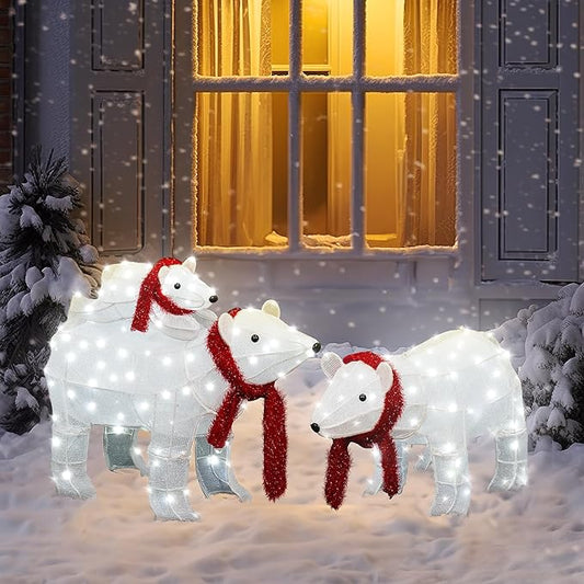 AWQM 3-Piece Lighted Polar Bear Family,Large Outdoor Indoor Christmas Decorations for Front Yard,Holiday Light Up Decorations w/ 210 LED Lights, Stakes, Zip Ties - White