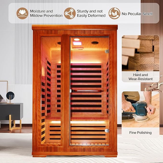 Far Infrared Home Sauna 2 Person Indoor Sauna Dry Wood Spa Room 1880W 110V with Red Light Control Panel, Bluetooth Speaker, Reading Lamp