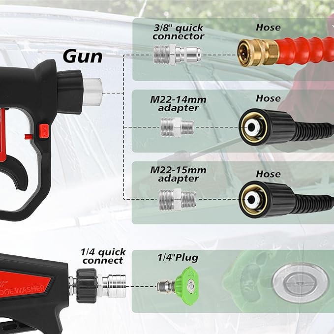 RIDGE WASHER Pressure Washer Gun 5000 PSI, 12 GPM, Power Washer Gun with Stainless Steel Extension Wand, Detachable M22 14 Male to 1/4" Quick Connect, 360° Swivel 3/8'' NPT Thread, M22 Fitting