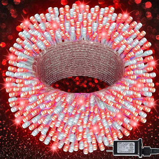LJLNION 300 LED Christmas Lights, Extra Long 98.5FT Xmas String Lights Outdoor Indoor, 8 Lighting Modes, Plug in Waterproof Fairy Lights for Wedding Party Bedroom Garden Decorations (Red & White)