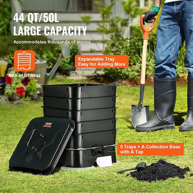 VEVOR 5-Tray Composter, 50L Worm Compost Bin - Indoor/Outdoor Worm Farm Kit for Food Waste Recycling, Vermicomposting & Vermiculture