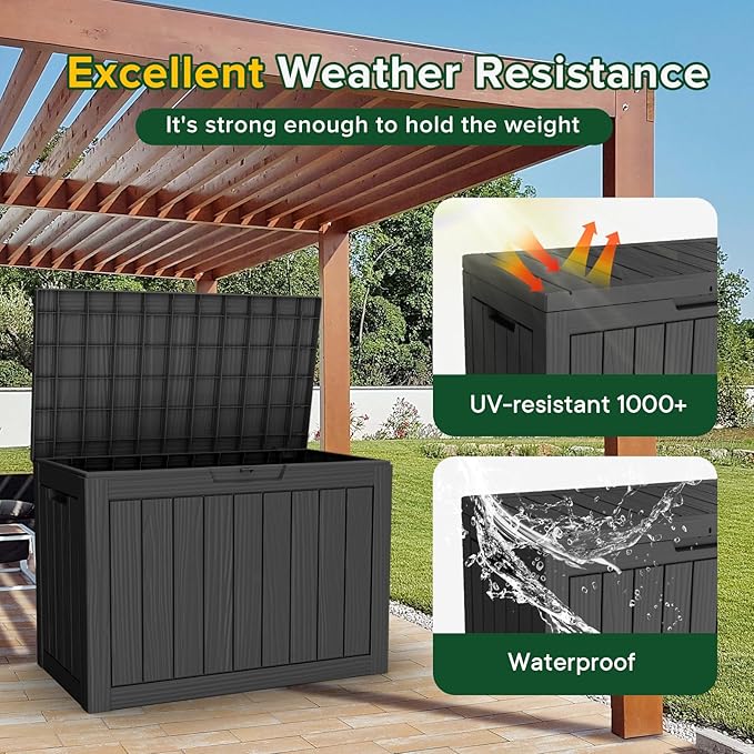 47 Gallon Outdoor Deck Box,Storage Lockable Waterproof Patio Furniture,Garden Tools,Cushions,Pool Accessories Outside Storage Resin Box(Black)