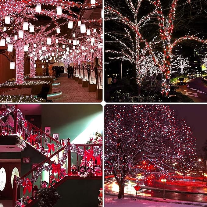 Connectable 240LED 95Ft 13Modes String Lights Indoor Outdoor | Extendable Green Wire Red & White Christmas Tree Lights with Timer | Twinkle Fairy Light Plug in for Xmas Tree Garden Decor(Red & White)