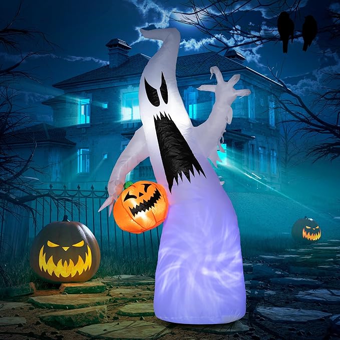 5.9ft Inflatable Halloween Decoration Ghost with Pumpkin, Waterproof Outdoor Decorations, Blow Up LED Yard Decor for Garden, Lawn, Party, Holiday