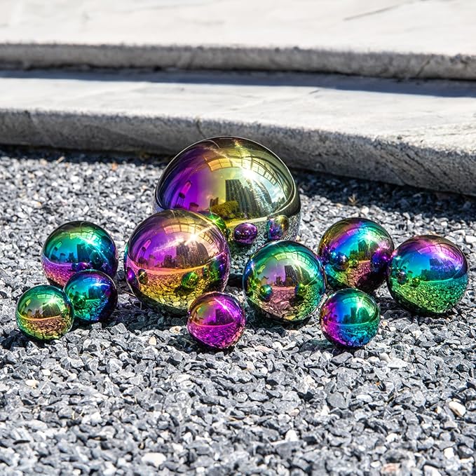 yarlung Set of 10 Stainless Steel Rainbow Gazing Balls, 50-150 mm Garden Mirror Globe Floating Pond Sphere, Polished Hollow Ball Reflective Ornament for Home Yard Outdoor Lawn Decoration