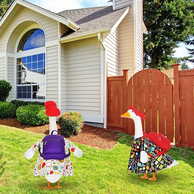 2 Set Halloween Porch Goose Outfit Set for 23'' Plastic Garden Statue Lawn Porch Goose Clothes Costume Accessories for School Outdoor Home Patio Yard Decor(Schoolbag Style)