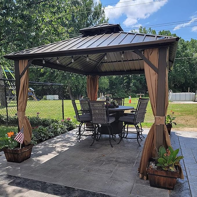 Domi 10'x10' Hardtop Gazebo Canopy,Outdoor Metal Gazebo with Galvanized Steel Double Roof,Curtain and Netting,Permanent Gazebos Pavilion for Patio Deck,Backyard