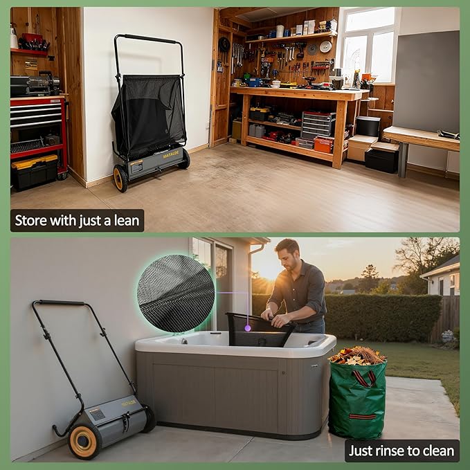 26" Push Lawn Sweeper with 7.5 cu. ft Mesh Collection Hopper Bag, 100L Leaf Bag, 4 Adjustable Height Spinning Brushes, Steel Frame & Rubber Wheels – Quick Cleaning for Leaves and Grass,Grey
