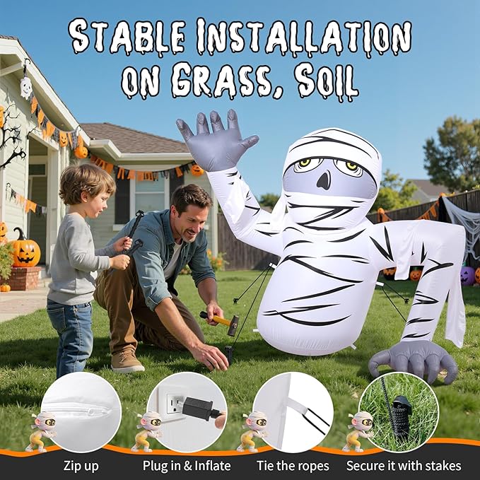 Dawdix 5.2FT Halloween Inflatable Groundbreaker Mummy Outdoor Decorations, Blow Up Yard Decoration Inflatable Mummy with Built-in LEDs for Halloween Party Indoor Outdoor Yard Garden Lawn Decor