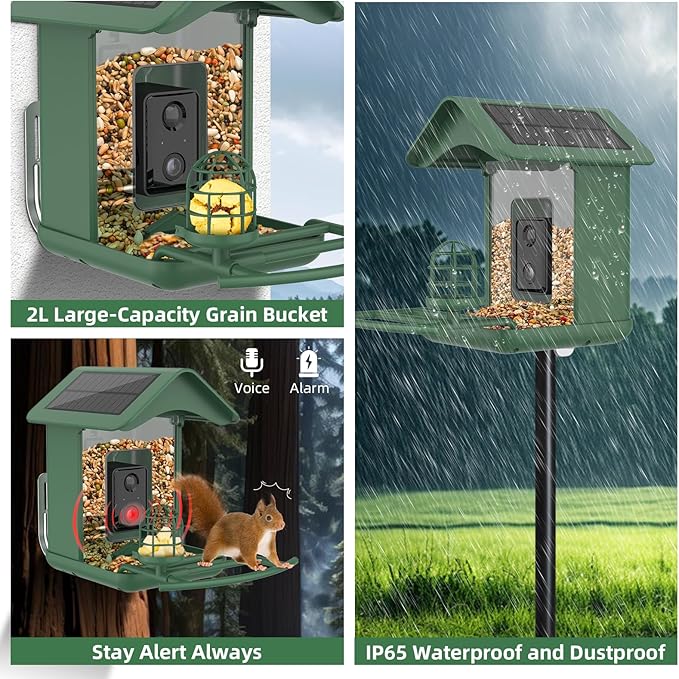 Smart Bird Feeder with Camera Solar Powered,AI Species Identify,2K HD Auto Capture Video,Instant Arrival Alerts,2L Large Capacity,IP65 Waterproof,Hummingbird Feeders for Outdoors,Gift for BirdLovers