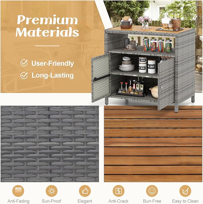 RELAX4LIFE Wicker Outdoor Bar Cabinet - PE Rattan Patio Bar Table w/Acacia Wood Countertop, Open Shelf & 2 Doors, Buffet Sideboard Organizer for Garden Backyard Pool, Outside Storage Cabinet (Grey)