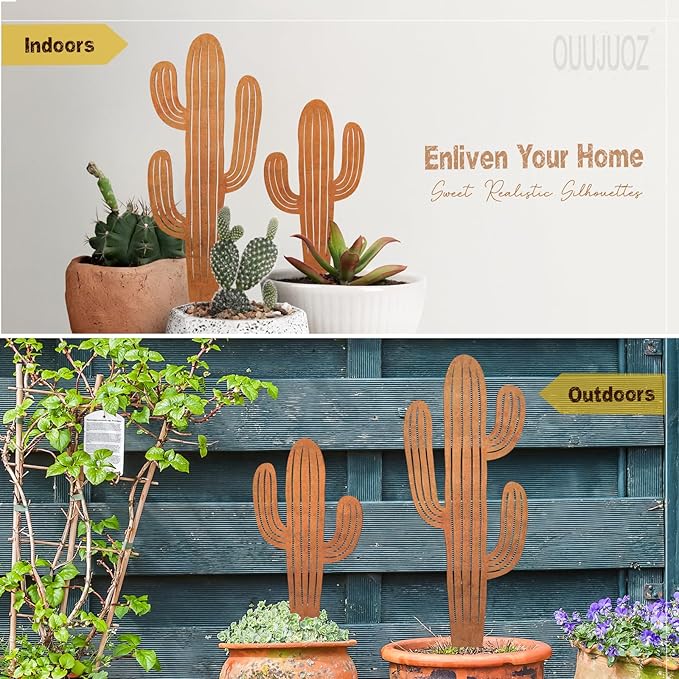 2pcs Metal Cactus Outdoor Decor,Metal Plants Prickly Pear Cactus,Desert Steel Yard Art, Garden Decor、Lawn Decoration