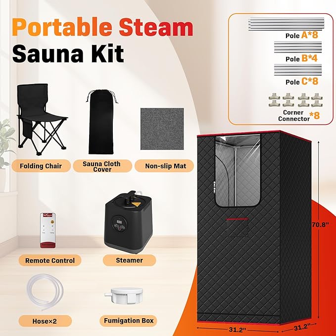 Manastin Upgraded Portable Steam Sauna for Home, Sauna Tent with 3L/1200W Steamer, XL Foldable and Remote Control, 99-Min Timer & 15 Power Levels, 2.6' x 2.6' x 5.9' Detox Spa for Relaxation,Black