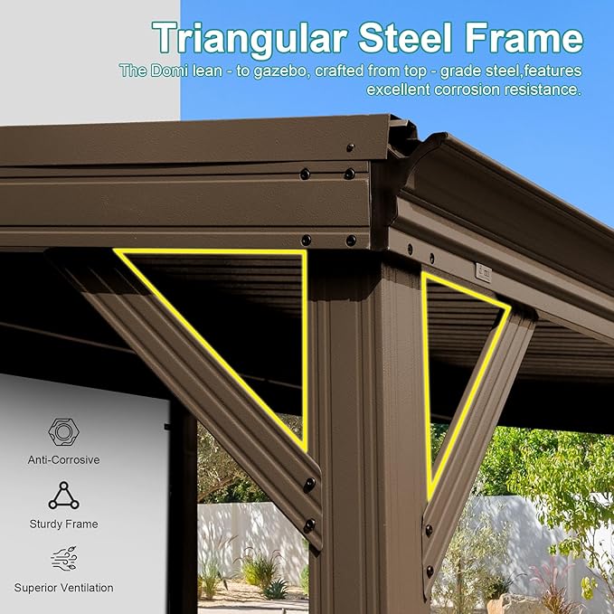 Domi 10’x10’ Lean-to Gazebo, Hardtop Wall-Mounted Gazebo Pergola with Sloping Galvanized Steel Roof and Upgraded Drainage System, Outdoor Permanent Metal Shelters for Patio Backyard Deck, Brown