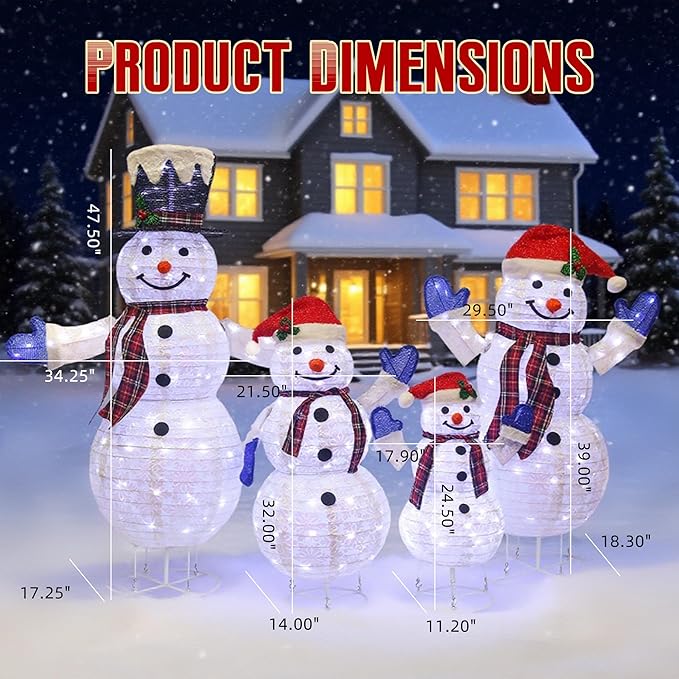 4-Piece 3D Lighted Snowman Family Set Outdoor Christmas Decorations Weather-Resistant Christmas Collapsible Snowmen Yard Decor for Yard Patio with LED Lights & Stakes