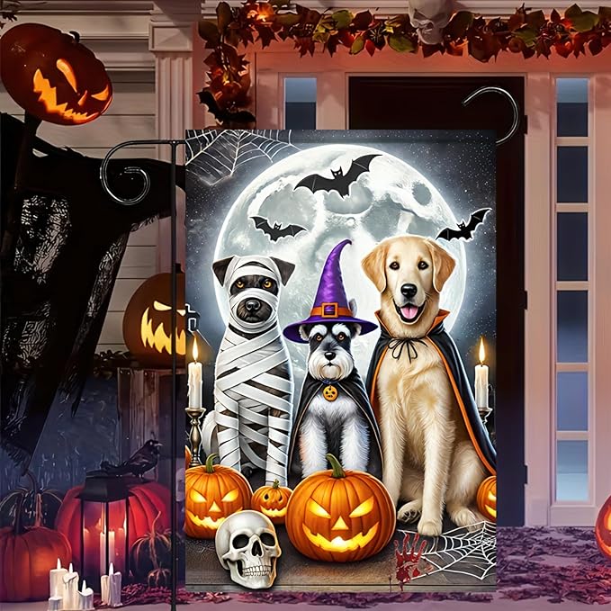 Halloween Garden Flag 12x18 Flag Double Sided Dogs Cat Garden Flag Witch Hats Pumpkins And Full Moon Cute And Spooky Outdoor Yard Lawn Decoration Banner