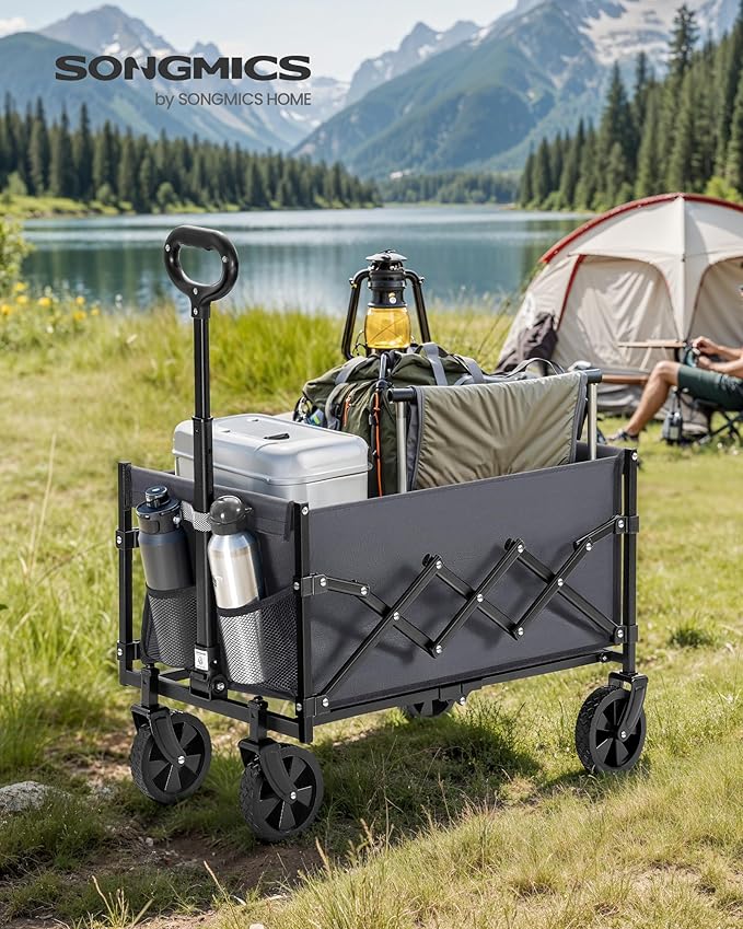 SONGMICS Small Collapsible Wagon with 400 lb Dynamic Weight Capacity, Foldable Wagon Cart, Folding Camp Cart with Wheels, for Outdoor, Yard, 90 L, Slate Gray UGFW909G01