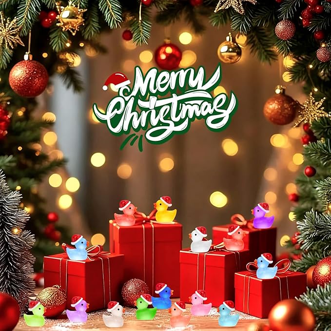 120Pcs Luminous Christmas Mini Resin Duck 14 Colors Glow in The Dark Small Duck Figurines for Miniature Christmas Decor Aquarium Ornament Dollhouse Decoration DIY Slime Craft Kit Birthday Party Favors