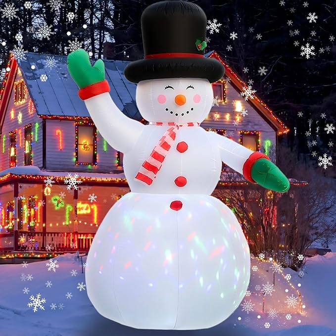 8FT Blow-Up Snowman Happiness Waves at You, Large Inflatable Christmas Outdoor Decor IP44, Blow up Snowman with Built-in 2 LEDs ＆ Colorful Flashing Light,Inflatable Snowman for Yard/Party/Xmas Gift